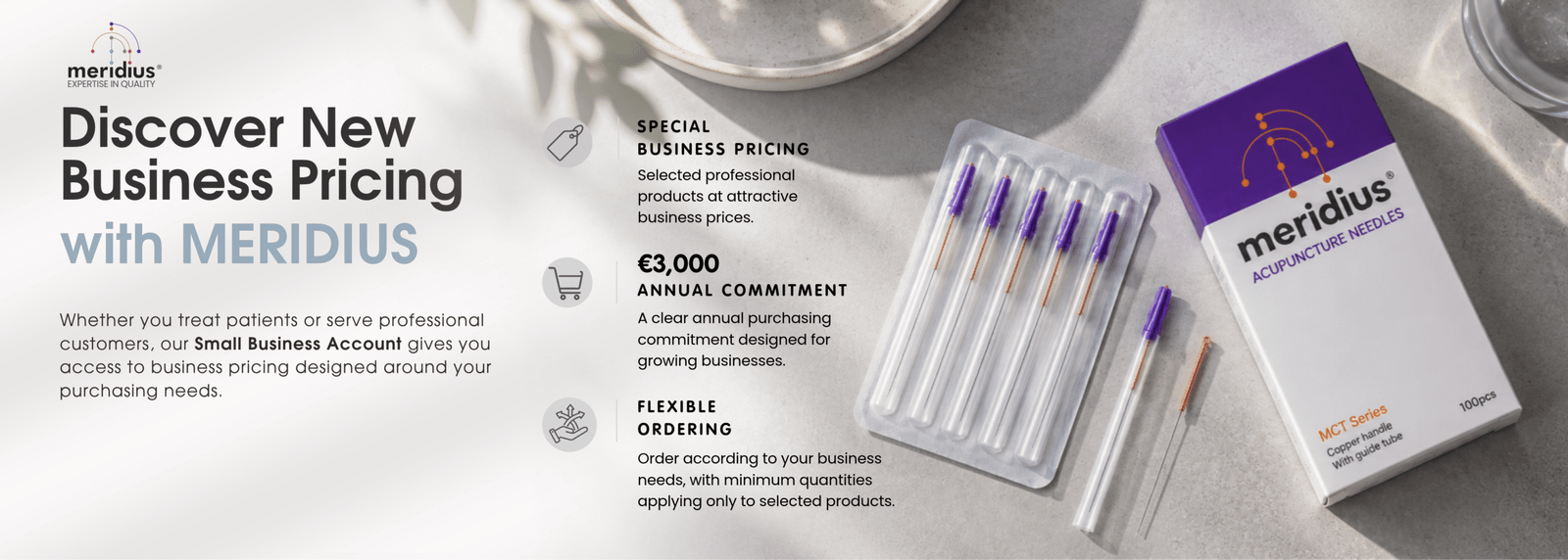 Discover new business pricing with Meridius: special business pricing, €3,000 annual commitment and flexible ordering with a Small Business Account.